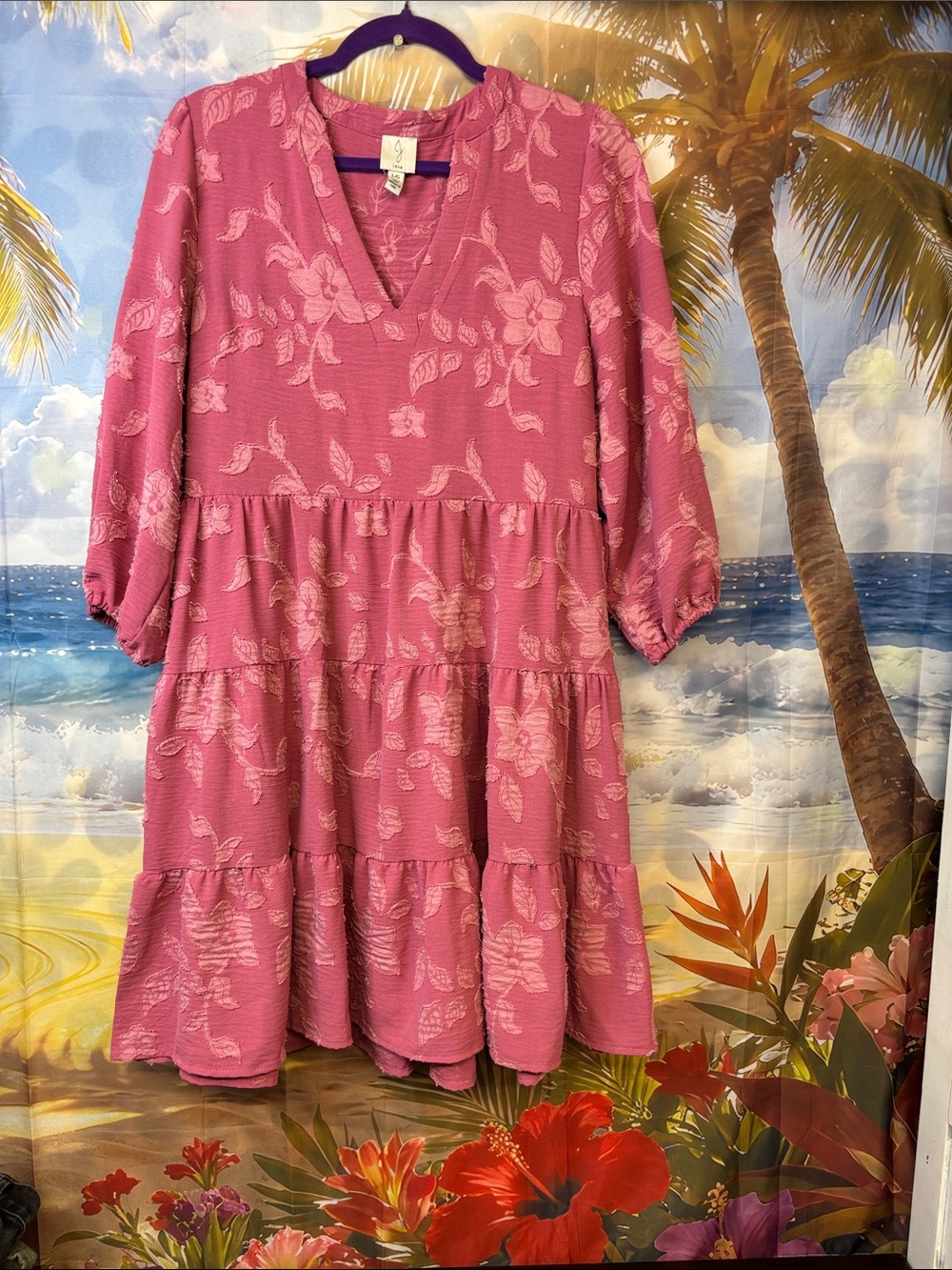 joie Pink Floral Textured Tiered V-Neck Dress